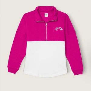 NWT PINK FLEECE OVERSIZED QUARTER-ZIP SWEATSHIRT-Pink Thrill Color-block-LARGE